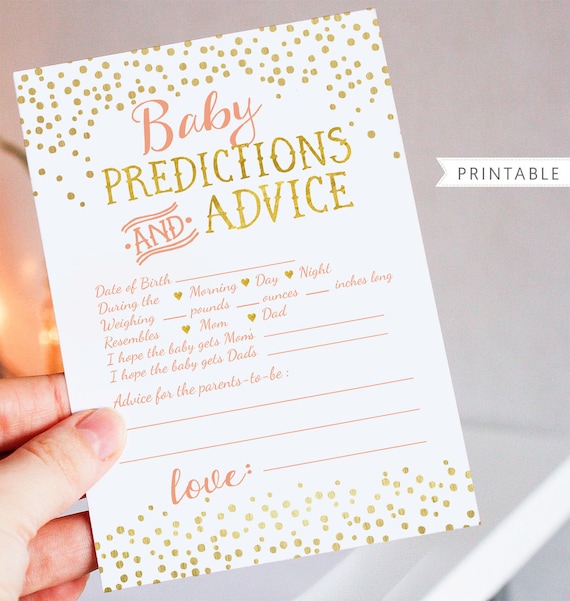Baby Predictions and Advice Card Printable - Peach and Gold Baby Shower Game