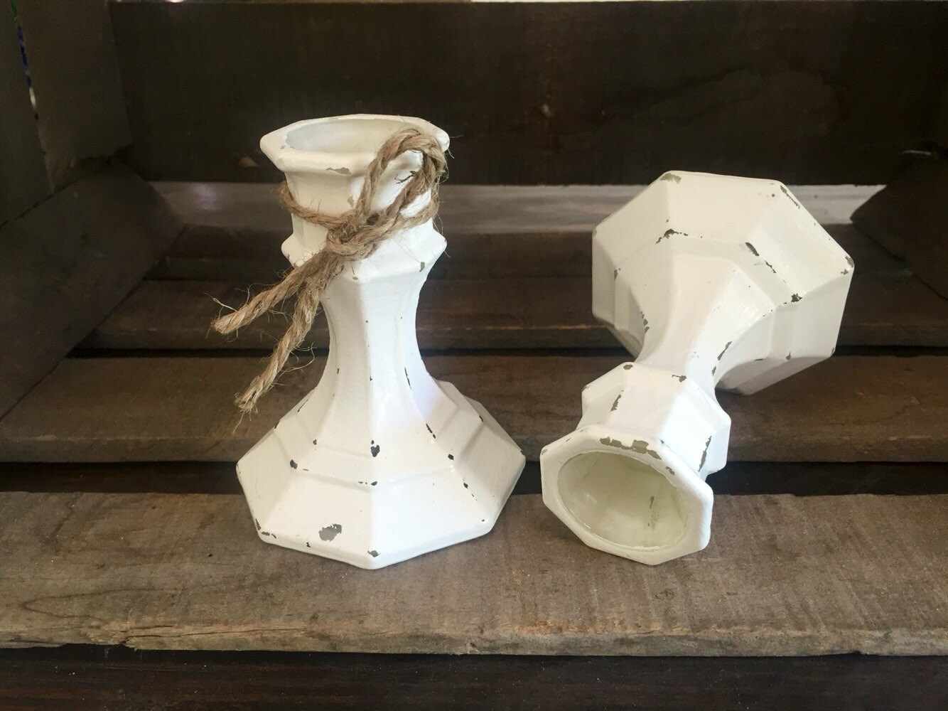 Antique White Rustic Distressed Candle Holders, Set of Two (2) French