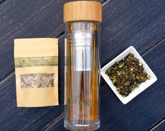 Tea Infuser Bottle BPA Free Glass Tumbler Thermos 15oz with Stainless Steel Filter and Bamboo Cap