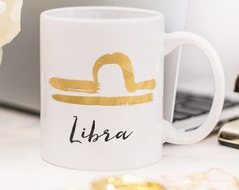 Libra mug, with brush painted zodiac sign
