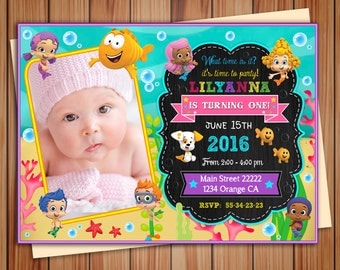 Bubble Guppies party photo invitation for Girl, Bubble Guppies digital chalkboard invitation, thank you card free! print it yourself!