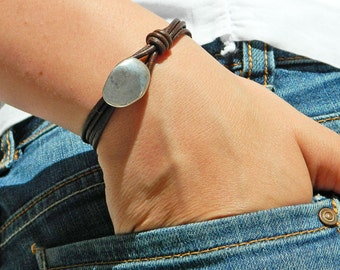 Women leather bracelet,leather bracelet,leather bracelet for women,beaded bracelet, silver plated,PC006