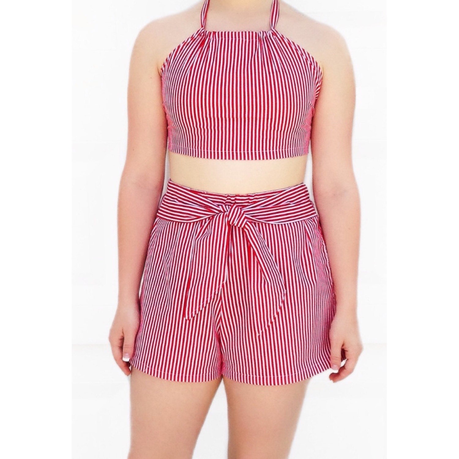 Red and White Striped Coord/High Waisted Shorts and Crop Top