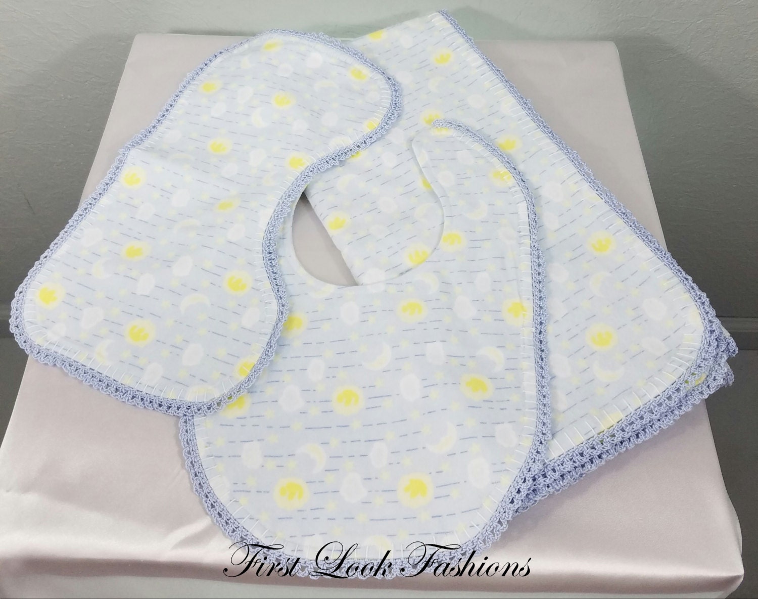 Baby Blanket Set with Hand Crocheted Edge Blue & Yellow Baby