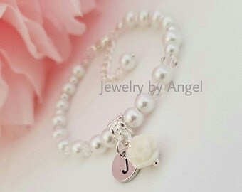 Flower Girl Bracelet Rose Flower Pearl Hand Stamp Letter Charm Bracelet Wedding Jewelry Flower Girl Jewelry