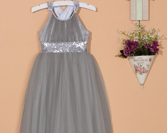 Grey flower girl dress/Silver sequin dress/Tulle flower girl dress/Sequin flower girl dress/Birthday party dress/Girl pageant dress 0057