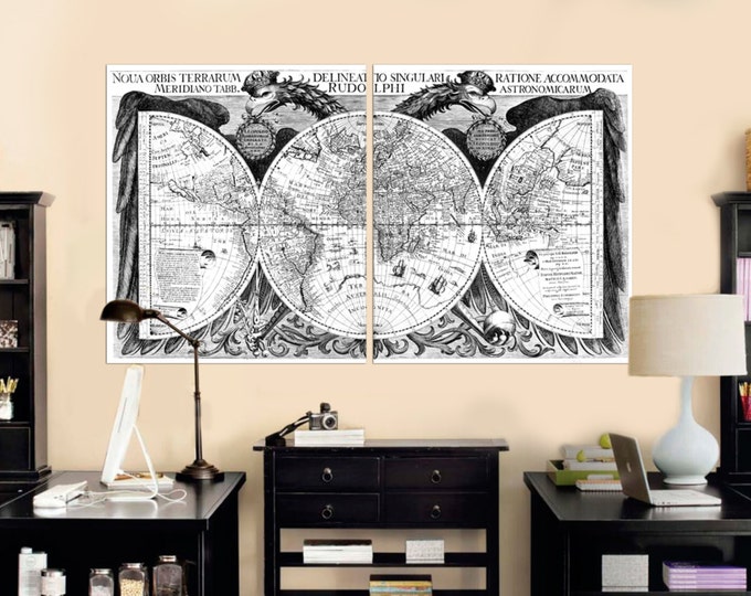 Vintage World Map Canvas poster , Antique Map Print, Large Old Wall Art map / 1,2 or 3 Panels on Canvas Wall Art for Home & Office Decor