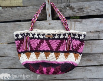 crochet shopping bag, crochet market tote, tapestry crochet bag, hobo bag, reusable bag, cotton tote bag, shoulder bag, tribal design