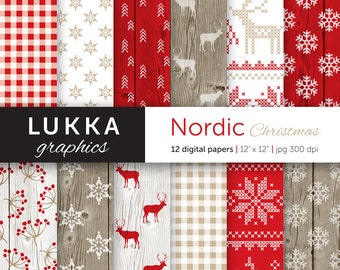 Nordic Christmas digital paper pack; Scandinavian Christmas pattern; seasonal background; red, white and beige; wood texture