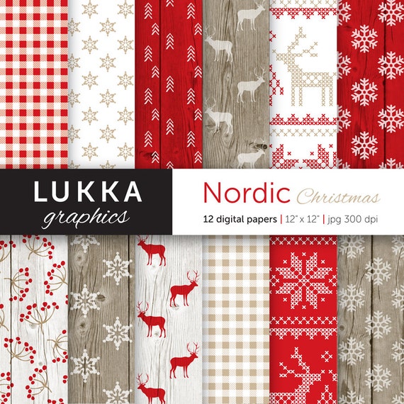 Nordic Christmas digital paper pack Scandinavian Christmas