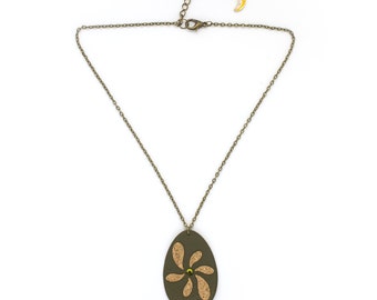 Necklace leather flower "Wind" Cork and hand made khaki