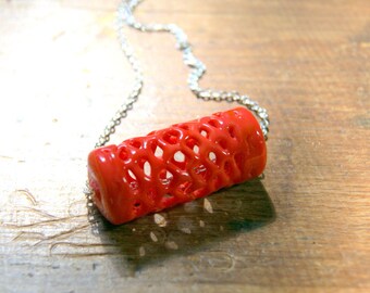 Coral Glass Spider Web Bead Necklace - vintage coral lace glass bead necklace - coral glass necklace - vintage silver plated chain