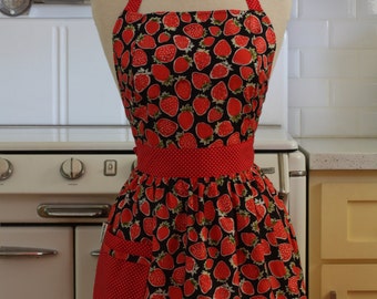 Retro Apron Strawberries on Black CHLOE