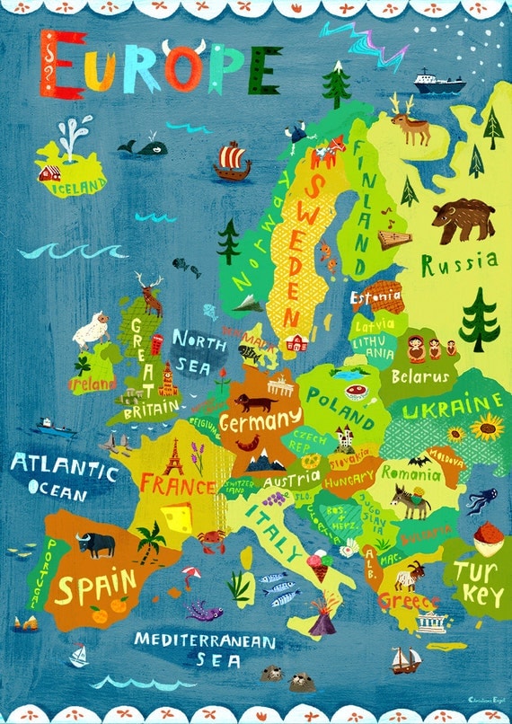 Europa Landkarte Illustration Kunst Druck Poster Digitaldruck