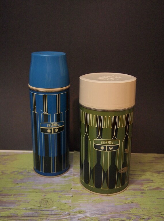 Retro Vintage Thermos collection Glass inside Blue and Green