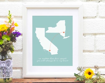 Two States Map, Miss You Gift for Long Distance Family, Gift for Her, Moving, Gift for Best Friend, Grandparent, Deployment - Print