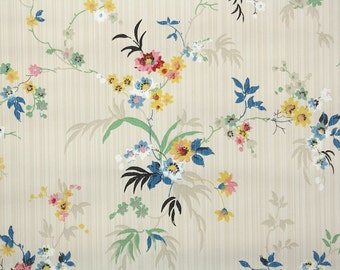 1920s Vintage Wallpaper by the Yard - Antique Floral Wallpaper Blue Yellow and Pink Wildflowers