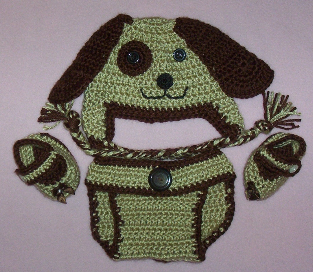 Crochet Diaper Cover Brown Pupy Dog Hat Diaper & Booties