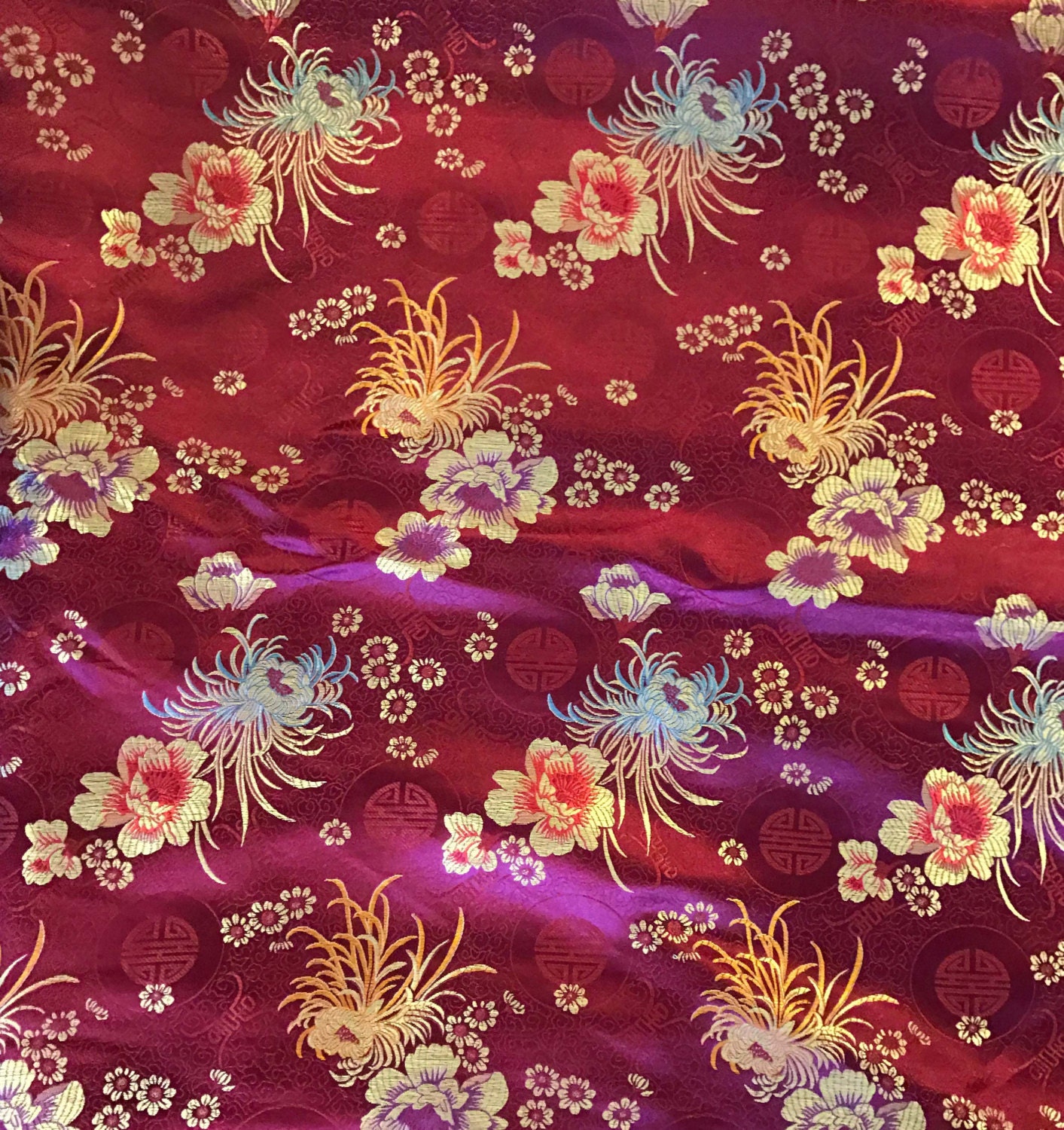 Burgundy Red Floral Medallions Faux Silk Brocade Fabric 1/4 Yard