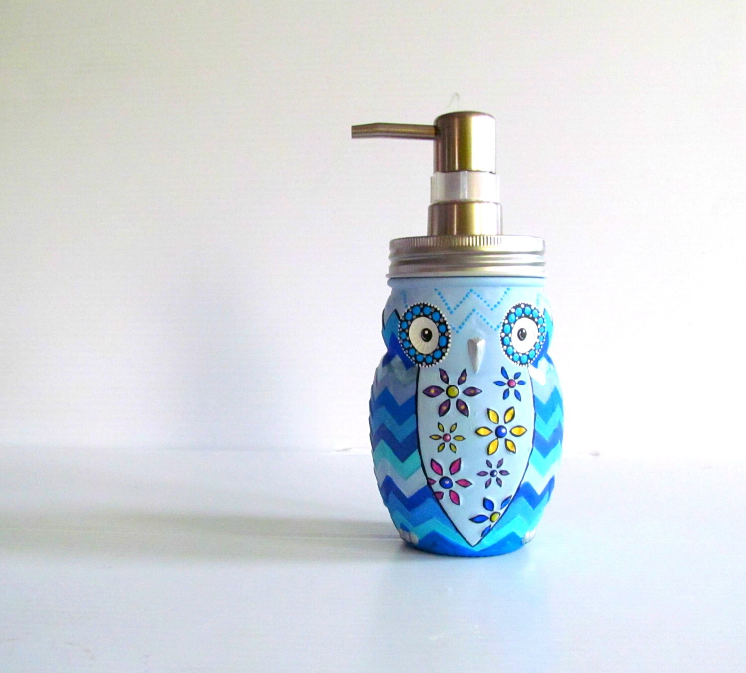 Owl Soap Dispenser Hand painted Owl Blue chevron glass mason