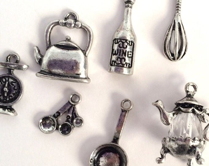 Set of Food Cooking Kitchen Themed Charms Antique Silver-tone