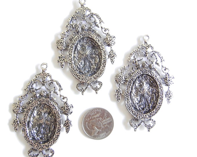 Set of 3 Large Owl Bird Pendants Antique Silver-tone Rhinestone