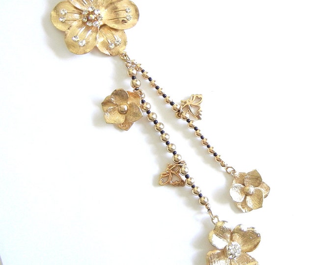 Flower Pendant with Drop Chains with Charms Textured Gold-tone
