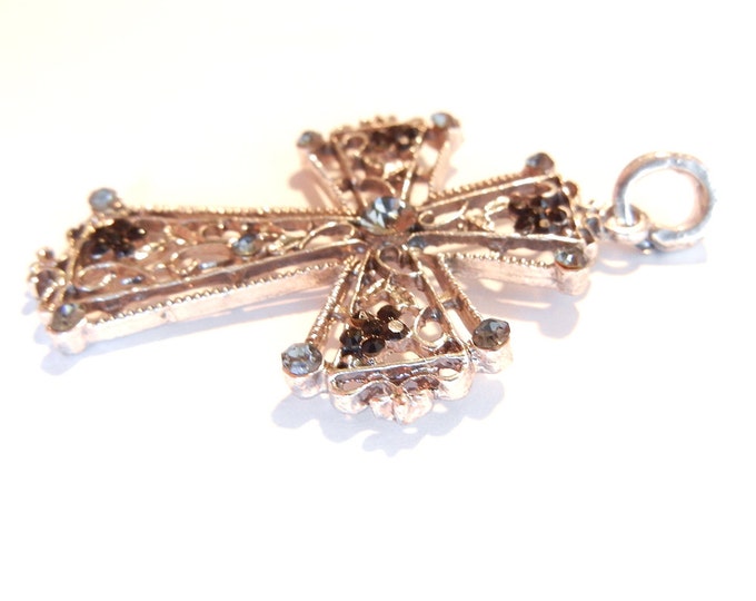 Antique Silver-tone Filigree Cross with Black and Gray Rhinestone Pendant