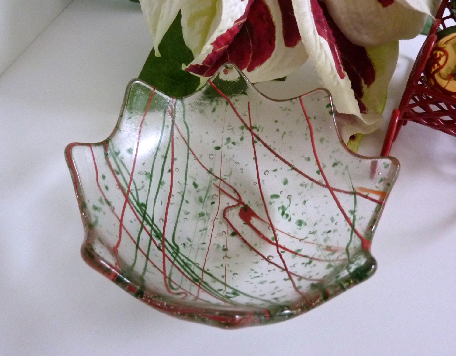 Holiday Fused Glass Tea Light Candle Holder or Ring Dish in