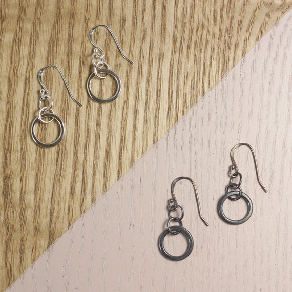 Circle Earrings - Sterling Silver 925 Handmade Craft Jewellery - Perfect Womans Gift, Craft Jewelry, Jet Black, Circle