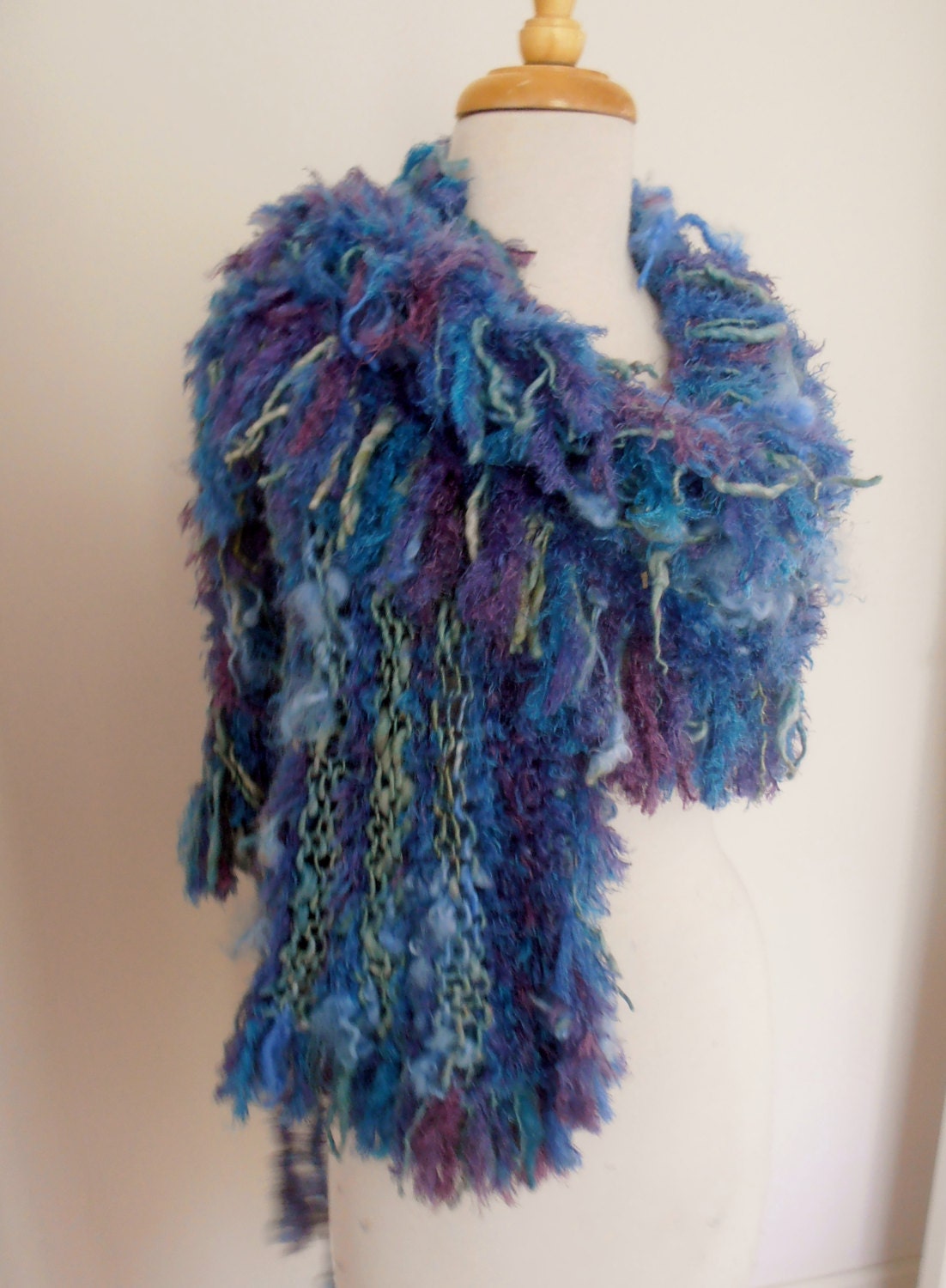 scarf wrap blue purple sage handspun faux fur novelty yarn