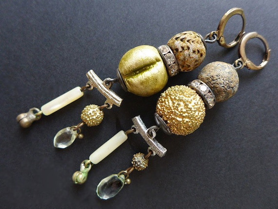 Grandmother's Martini.  Rustic and refined assemblage earrings in champagne. 