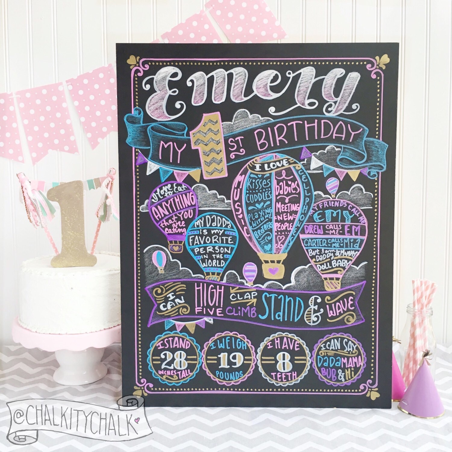 Hot Air Balloon Birthday Chalkboard Real Chalkboard first