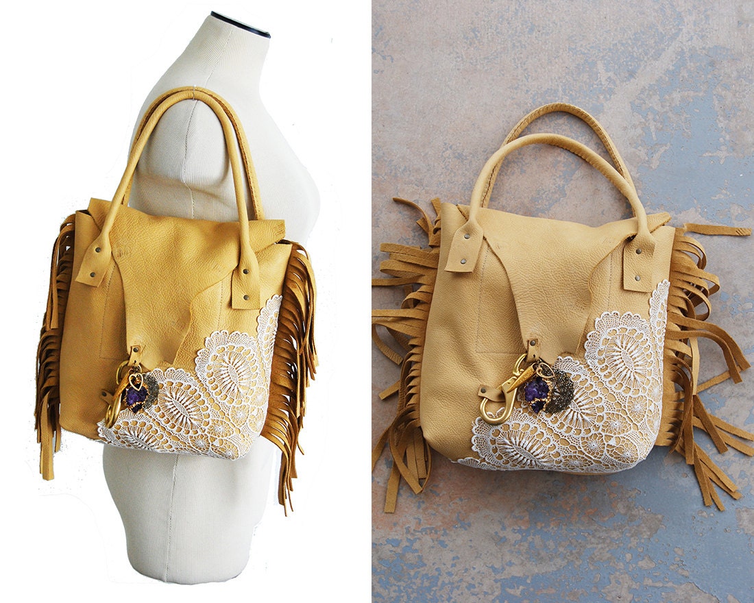 Boho Leather Fringe Bag Bohemian Leather and Lace Purse with