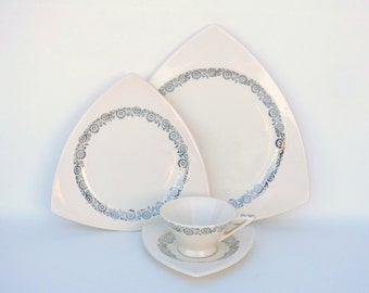 Atomic Art Deco Dinnerware, Salem Tricorne and Streamline in Platinum Floral Filigree Pattern: 1 or 2 Platters, 1 ea Plate, Cup & Saucer