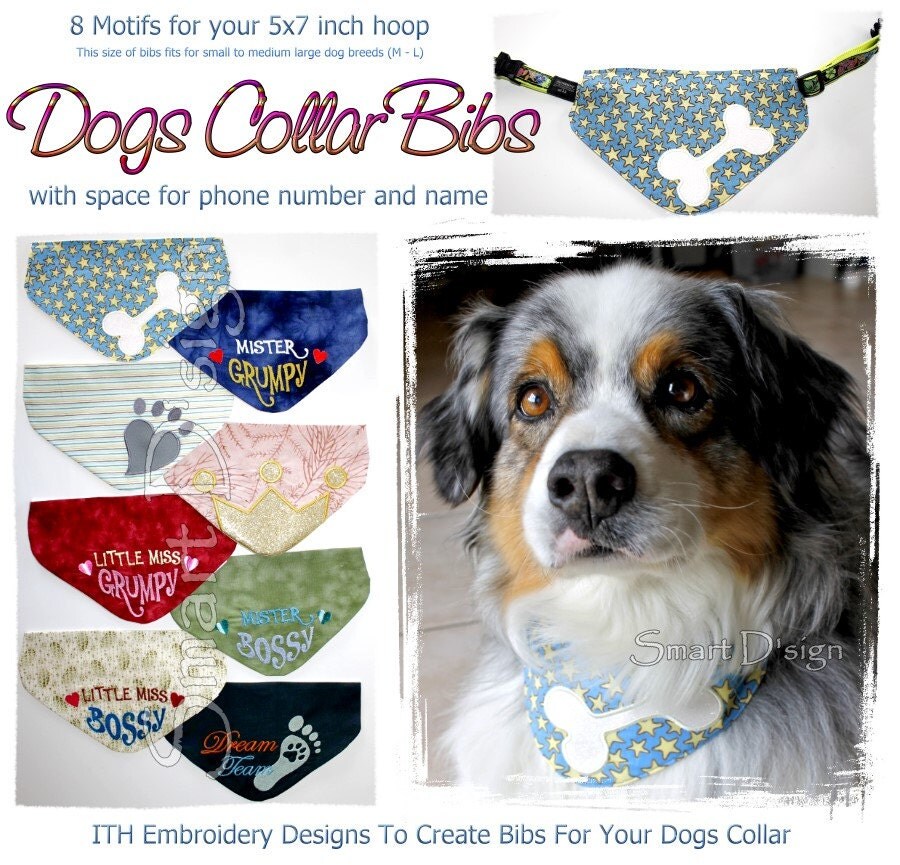 8 Dog Collar Bibs Bandanas 5x7 inch hoop ITH Machine