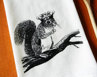Flour Sack Dish Towel, Squirrel Wearing a Crown, Screen Printed Flour Sack Towel, Hand Printed Tea Towel, Kitchen Towel, Woodland, Farmhouse