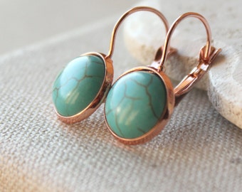 Turquoise Earrings Gold Turquoise dangle Earrings PIERCED or CLIP Turquoise Jewelry Simple hanging Rose Gold Turquoise leverback earrings