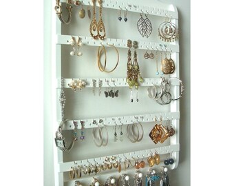 Earring Holder Jewelry Organizer, White Stain, Provides Post Earrings, Hooks, and Hoops, Elegant Earring Storage, Necklace Rack, Wall Mount