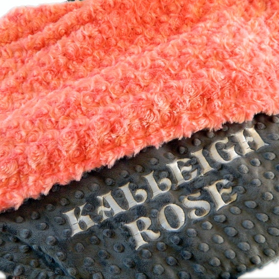 Baby Girl Minky Blanket Coral Gray Rose Swirl Personalized Baby Minky Blanket // Coral Baby Blanket // Double Minky Blanket // Gift for Baby
