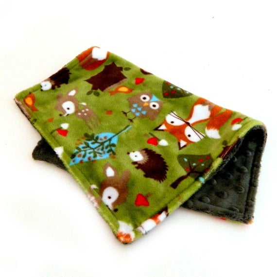 Personalized Mini Baby Blanket -Lovey Woodland Animal Minky Baby Blanket - Green Foxes Hedgehogs