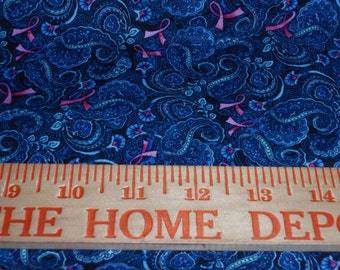 Breast Cancer Awareness Pink Ribbons with Blue Paisley Background 100% Cotton Fabric 1/2 Yard Cotton 45" Wide