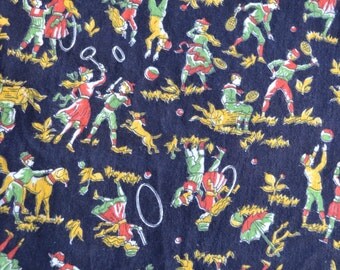 Vintage Fabric - Tole Folk Children and Dogs at Play on Black - By the Yard