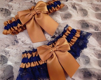 Old Gold Satin Navy Blue Lace Wedding Bridal Garter Toss Set