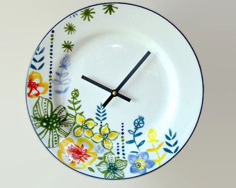 Floral Plate Wall Clock, Unique Floral Wall Clock, Whimsical Floral Wall Clock, Kitchen Clock, Goodwin Garden Plate Clock - 2370