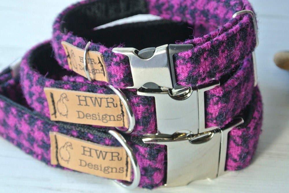Harris Tweed Dog Collars Cerise Houndstooth Tweed Dog