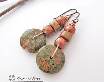 Unakite Earrings, Natural Stone Earrings, Unakite Jewelry, Beaded Dangle Earrings, Pink Green Earrings, Handmade Rustic Earthy Stone Jewelry
