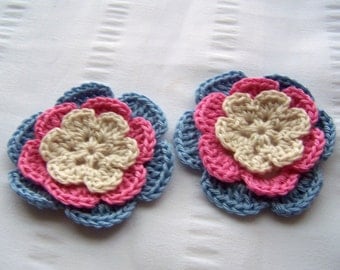 Flower crochet motif 2.5 inch cotton pink blue