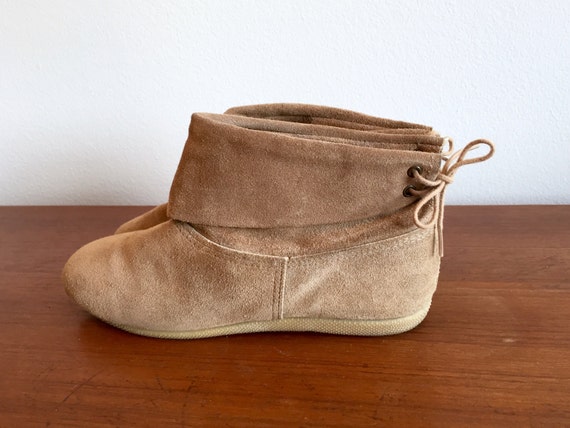 Beige Suede Slip On Flat Boots / Boho Slouchy Ankle Boots