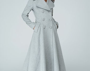 Maxi coat, plus size coat, swing coat, trench coat, gray coat, wool coat, winter jacket, double breasted coat, pleated coat,gift for her1606